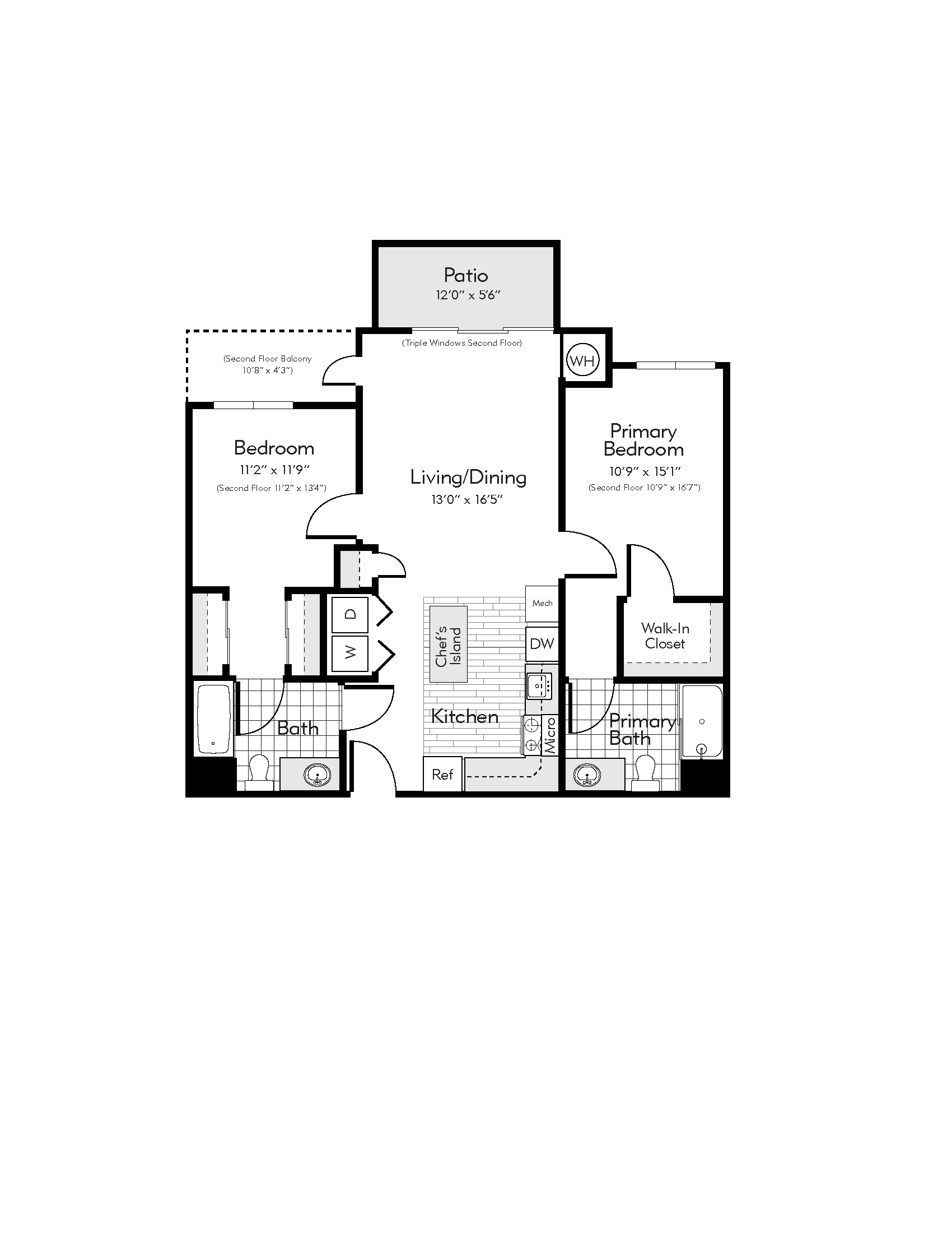 Floor plan for 2 beds, 2 baths, 975 sqft